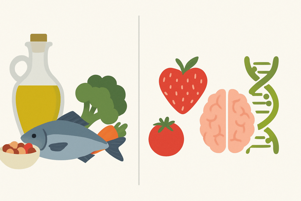 How to Start a Mediterranean Diet for Weight Loss: Expert Tips, Food Lists, and Meal Plan Ideas for a Healthier Lifestyle 5 Comparison showing healthy ingredients like olive oil, fish, and vegetables beside icons of heart, brain, and DNA to illustrate how to start a Mediterranean diet.
