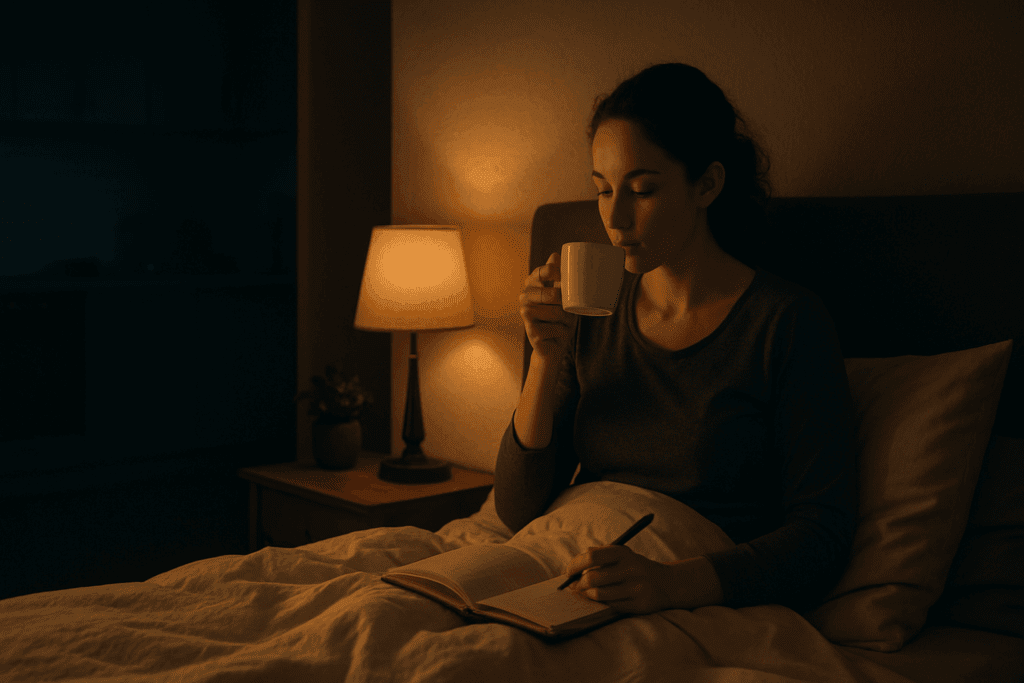 How to Stop Binge Eating and Break the Cycles of Compulsive Overeating: Mindful Nutrition Tips for Long-Term Recovery 5 Woman journaling and sipping tea in bed during a calming nighttime routine, illustrating how to stop binge eating by creating a relaxing evening habit.