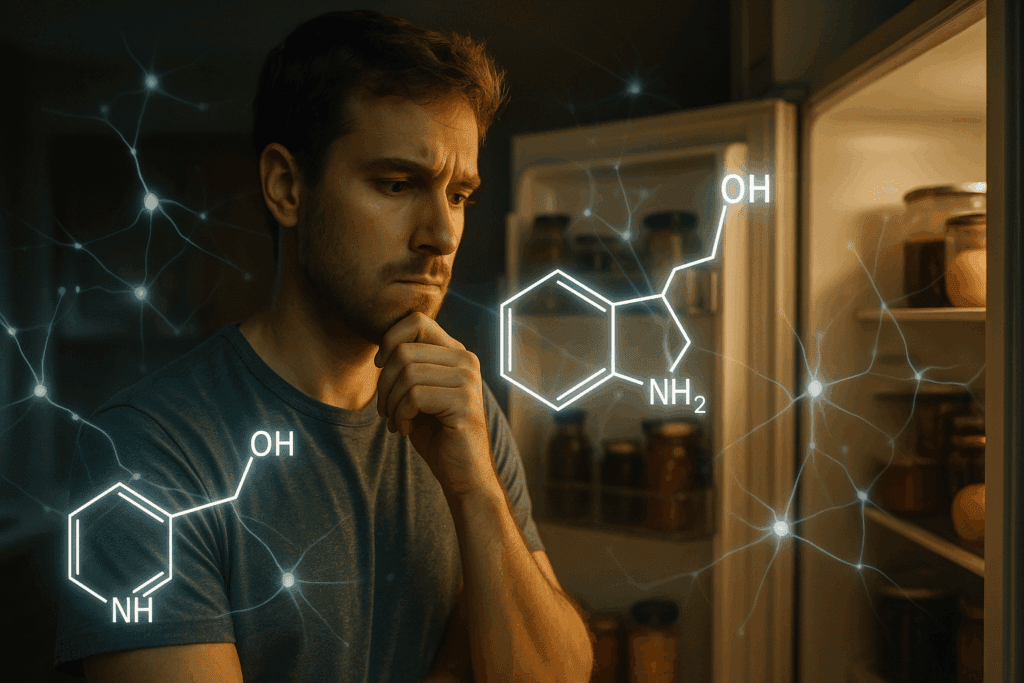 How to Stop Eating When Bored: Mindful Nutrition Strategies to Combat Boredom Eating and Build Healthier Habits 1 Man staring into an open fridge with glowing dopamine molecules, symbolizing brain chemistry and food cravings—How to Stop Eating When Bored
