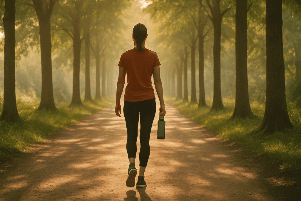 How to Stop Eating When Bored: Mindful Nutrition Strategies to Combat Boredom Eating and Build Healthier Habits 5 Person walking confidently down a sunlit tree-lined path holding a reusable water bottle, symbolizing mindful habits and How to Stop Eating When Bored.