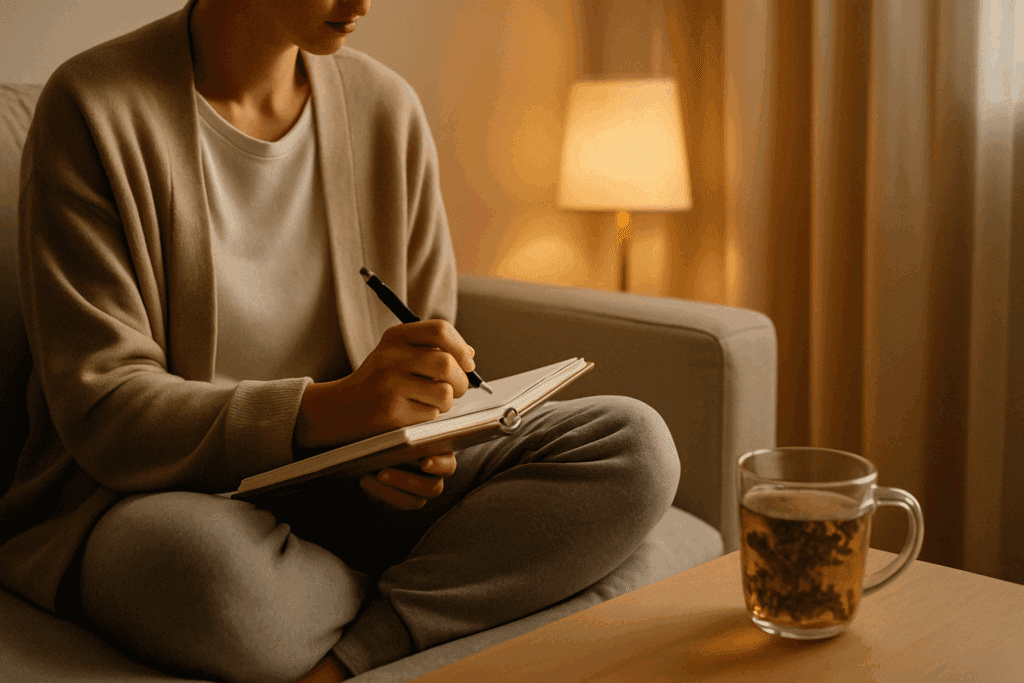 How to Stop Eating at Night: Expert-Backed Strategies to Curb Late Night Cravings and Improve Your Health Naturally 6 Person journaling on a cozy sofa with herbal tea nearby, practicing mindfulness as a strategy for how to stop eating at night