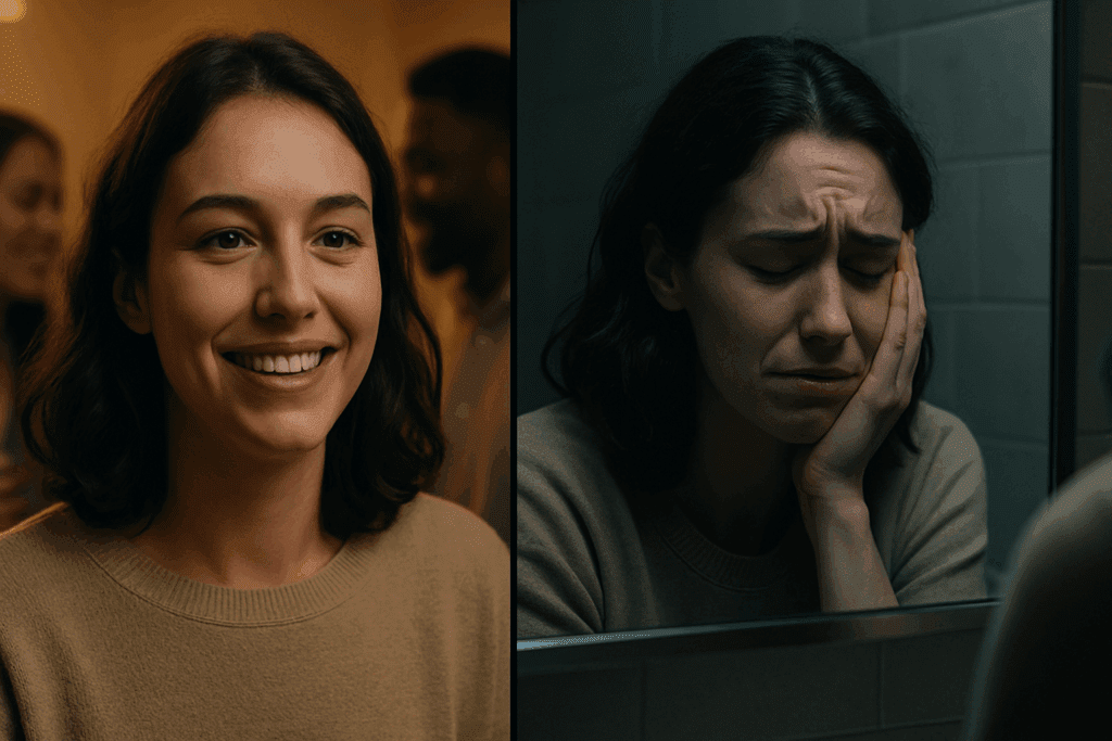 Split-image of a woman smiling in a social setting and the same woman distressed alone in a bathroom, illustrating the hidden emotional struggle often faced in How to Treat Bulimia