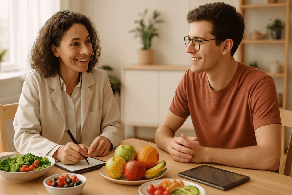 How to Treat Bulimia with a Whole-Health Approach: Exploring Nutrition, Lifestyle Changes, and Medication for Eating Disorders 2 Registered dietitian and young adult discussing a colorful meal plan during a recovery session, illustrating how to treat bulimia with nutrition