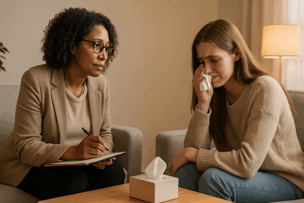How to Treat Bulimia with a Whole-Health Approach: Exploring Nutrition, Lifestyle Changes, and Medication for Eating Disorders 4 Therapist providing emotional support during a private counseling session, illustrating how to treat bulimia through compassionate talk therapy.