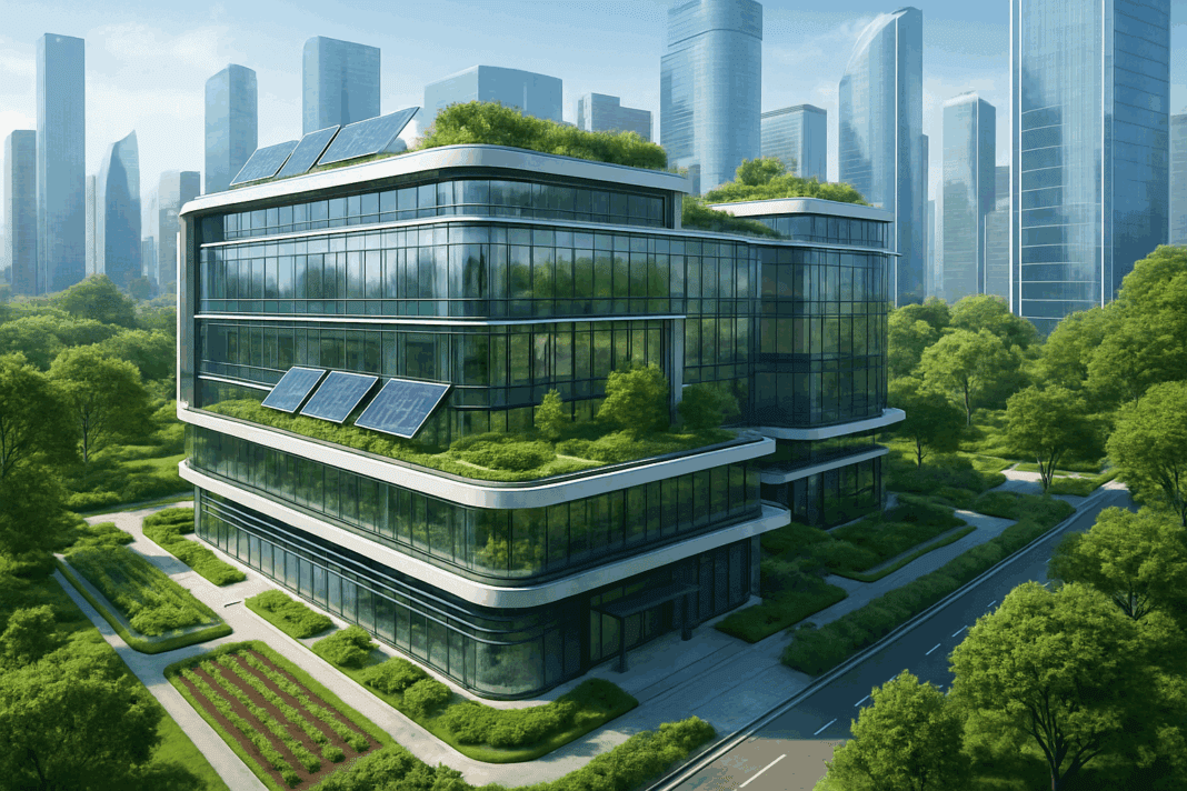 Sustainable Whole Foods Market HQ with rooftop gardens and solar panels surrounded by trees in a futuristic urban setting
