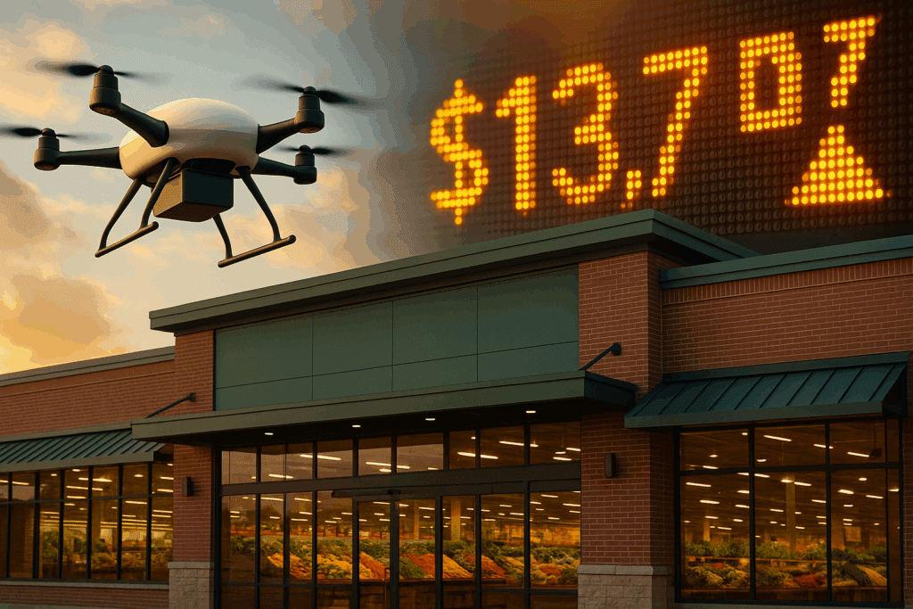Inside Whole Foods Market HQ: How Amazon’s Ownership is Shaping the Future of Healthy, Mindful Eating 1 Drone flying above Whole Foods Market HQ with stock ticker in background representing multibillion-dollar acquisition