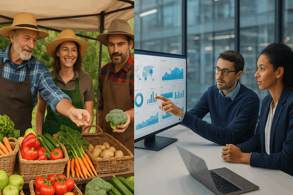 Inside Whole Foods Market HQ: How Amazon’s Ownership is Shaping the Future of Healthy, Mindful Eating 3 Local farmers selling fresh produce beside employees analyzing data at the Whole Foods Market HQ, reflecting cultural contrast.
