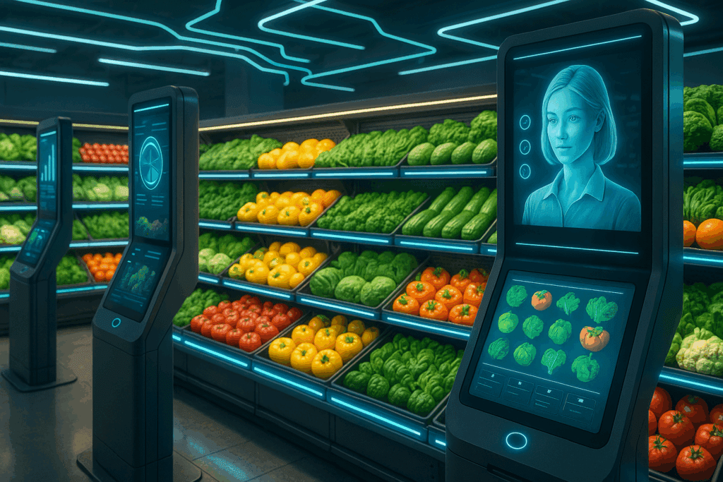 Inside Whole Foods Market HQ: How Amazon’s Ownership is Shaping the Future of Healthy, Mindful Eating 5 Futuristic produce aisle at Whole Foods Market HQ with AI kiosks, virtual nutrition assistant, and smart shelves of organic vegetables