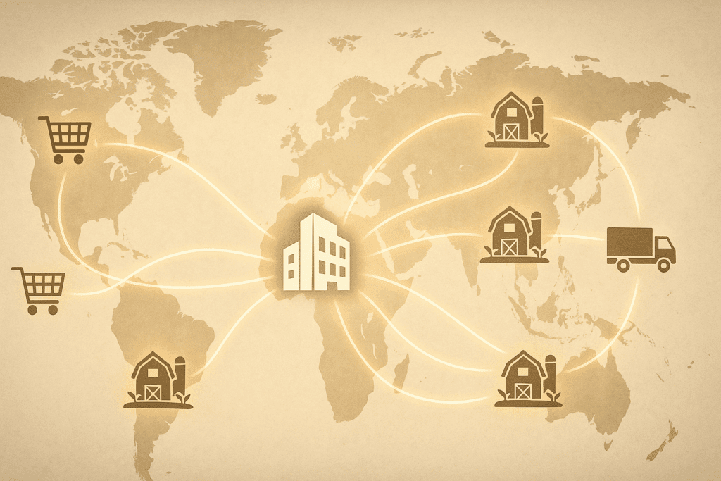 Inside Whole Foods Market HQ: How Amazon’s Ownership is Shaping the Future of Healthy, Mindful Eating 6 Global logistics map showing glowing lines connecting Whole Foods Market HQ in Austin to farms, grocery carts, and delivery trucks worldwide.