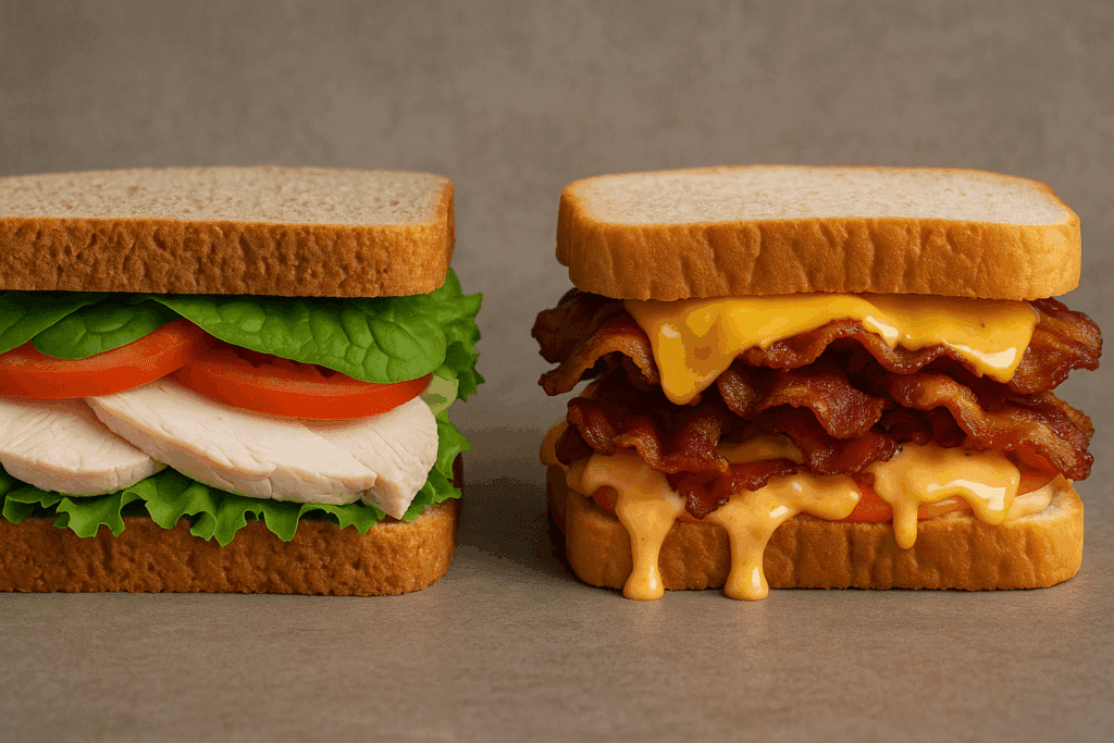 Is Bread Bad When Losing Fat? What Science Says About Bread and Fat Loss for a Healthier Lifestyle 1 Side-by-side sandwiches comparing healthy and high-calorie options, illustrating the debate: is bread bad when losing fat