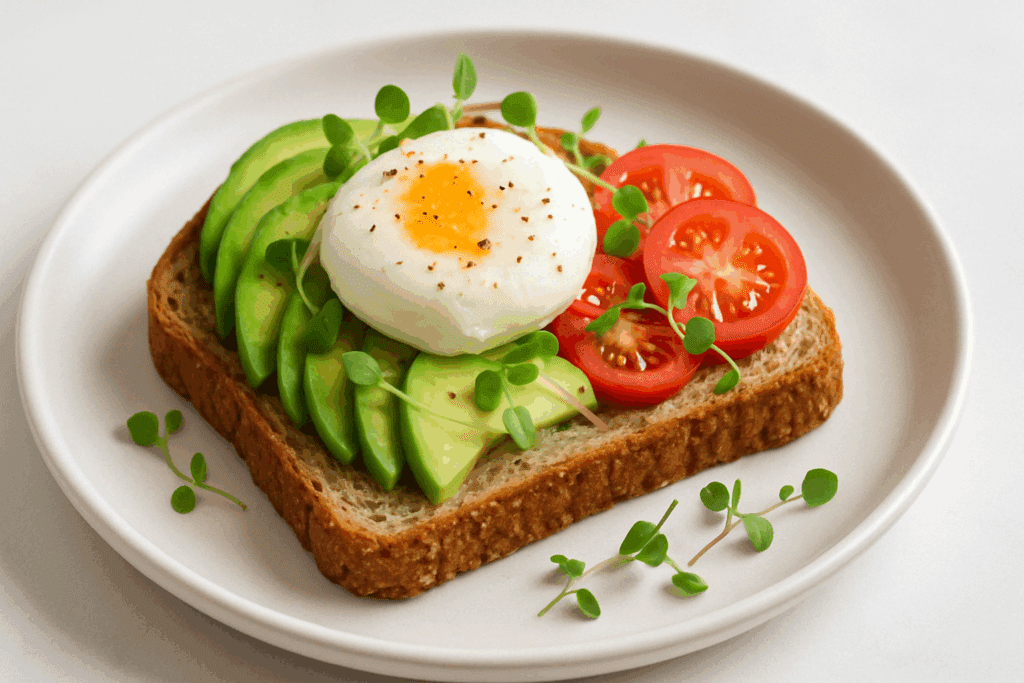 Is Bread Bad When Losing Fat? What Science Says About Bread and Fat Loss for a Healthier Lifestyle 3 Wholemeal bread topped with avocado, poached egg, tomato slices, and microgreens—nutrient-rich meal exploring is bread bad when losing fat