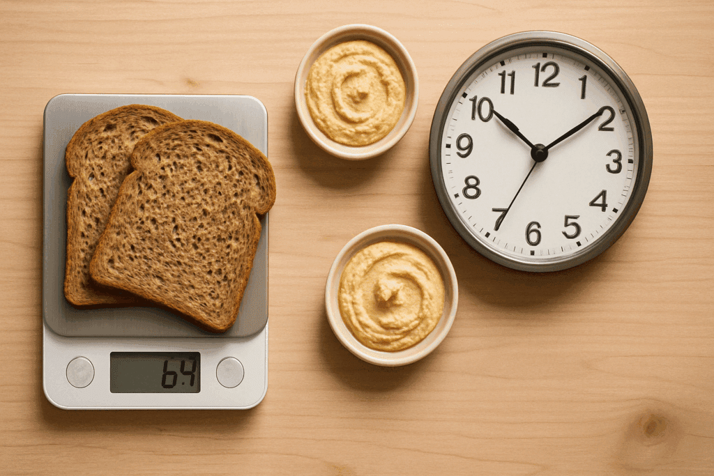 Is Bread Bad When Losing Fat? What Science Says About Bread and Fat Loss for a Healthier Lifestyle 5 Two slices of whole grain bread on a food scale beside hummus and a clock, symbolizing portion control and timing in answering is bread bad when losing fat.