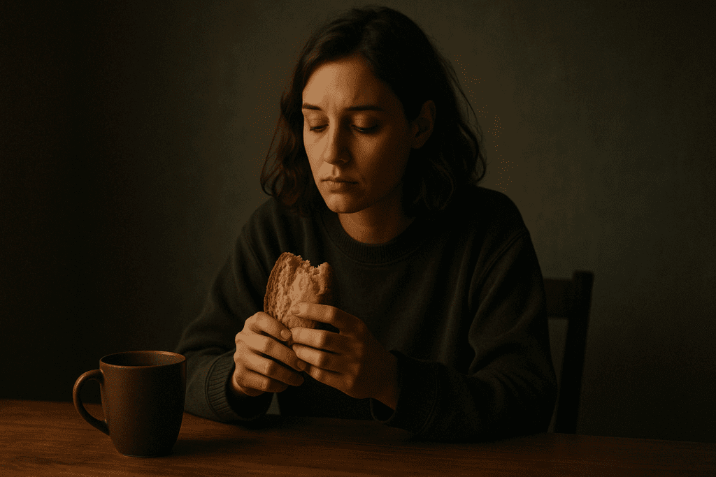 Is Bread Bad When Losing Fat? What Science Says About Bread and Fat Loss for a Healthier Lifestyle 6 Woman sitting alone at a table holding bread with a warm drink, reflecting on emotional eating and asking is bread bad when losing fat