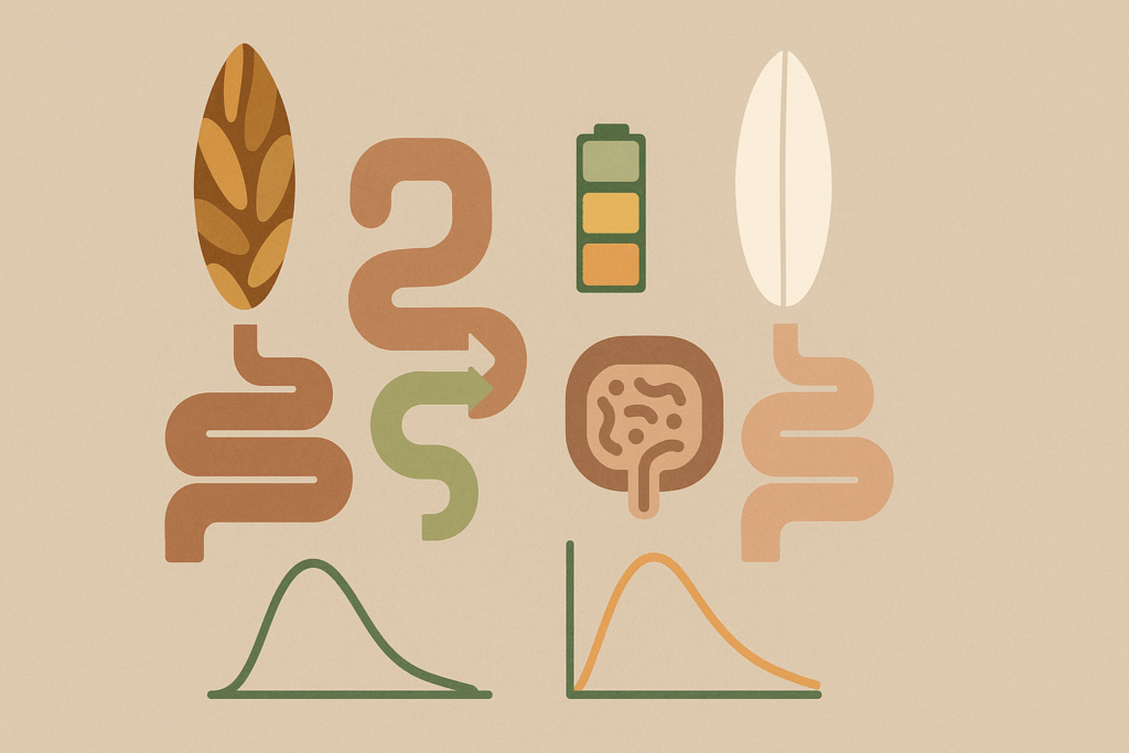 Is Rice a Whole Food? What Nutrition Experts Say About Brown vs. White Rice for a Healthier Lifestyle 4 Infographic comparing brown rice and white rice health effects using visuals of digestion, energy, gut health, and blood sugar to explore is rice a whole food