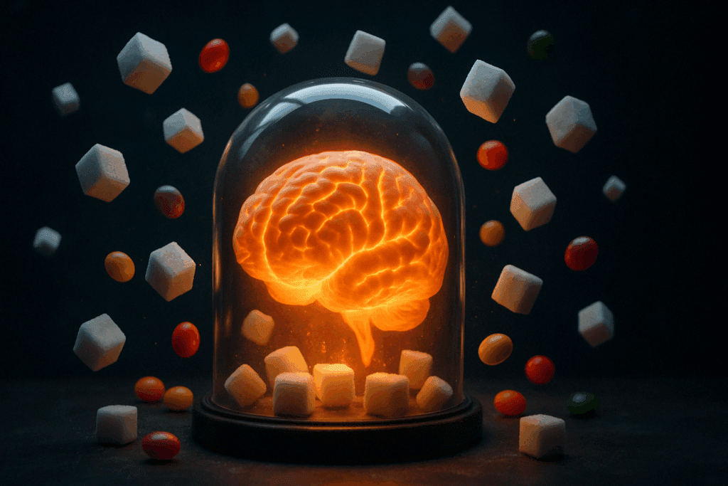Is Sugar Addictive? Understanding Sugar Dependency Symptoms and How to Break Free Naturally 1 Glowing brain inside a glass dome surrounded by floating sugar cubes and candy, symbolizing how sugar affects the brain and raises the question: is sugar addictive