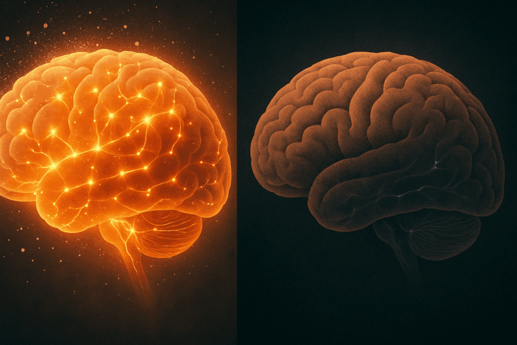 Is Sugar Addictive? Understanding Sugar Dependency Symptoms and How to Break Free Naturally 2 Split-screen illustration of brain activity showing overstimulation from sugar on one side and reduced dopamine response on the other, exploring is sugar addictive.