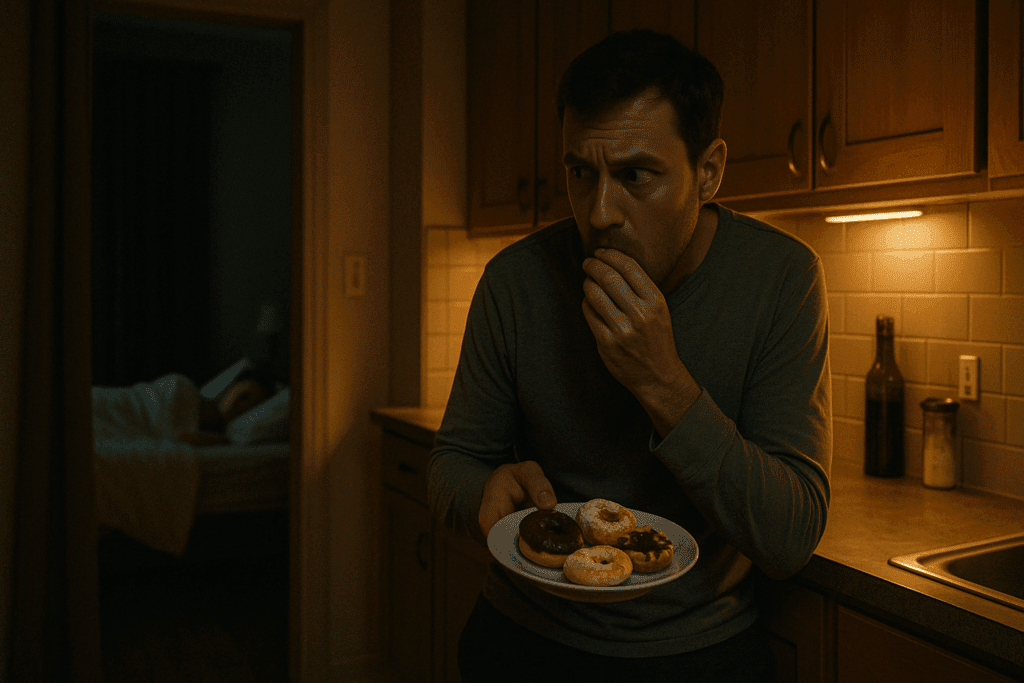 Is Sugar Addictive? Understanding Sugar Dependency Symptoms and How to Break Free Naturally 3 Man secretly eating sweets in a dimly lit kitchen at night while another person sleeps, illustrating behavioral signs that raise the question: is sugar addictive