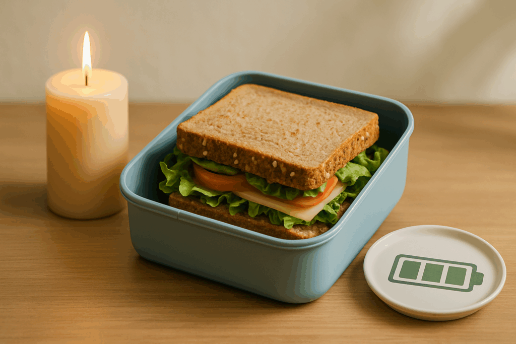 Is Whole Grain Bread Good for You? Expert Insights on the Nutritional Benefits of Choosing Whole Wheat Over Refined Grains 3 Whole grain sandwich in a lunchbox beside a lit candle and battery plate, illustrating steady energy; answers is whole grain bread good for you.