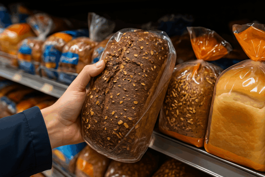 Is Whole Grain Bread Good for You? Expert Insights on the Nutritional Benefits of Choosing Whole Wheat Over Refined Grains 6 Shopper selecting a loaf of 100% whole grain bread in a grocery aisle, illustrating the question is whole grain bread good for you.