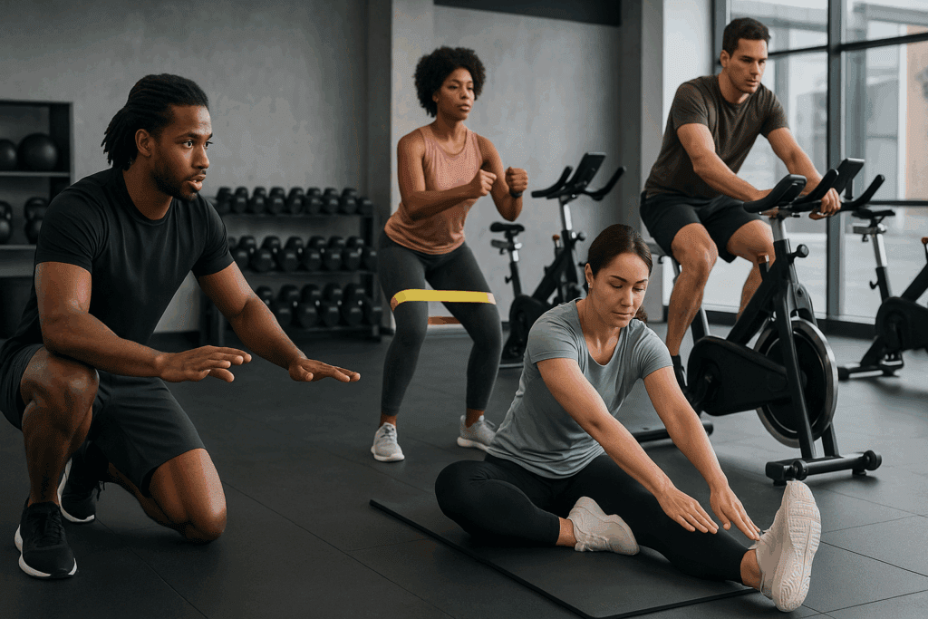Low-Impact Cardio That Builds Endurance: Best Workouts Without Jumping to Boost Stamina and Performance Naturally 3 Fitness coach leading a diverse group through Low-Impact Cardio That Builds Endurance, including resistance bands, stretching, and cycling in a modern gym.