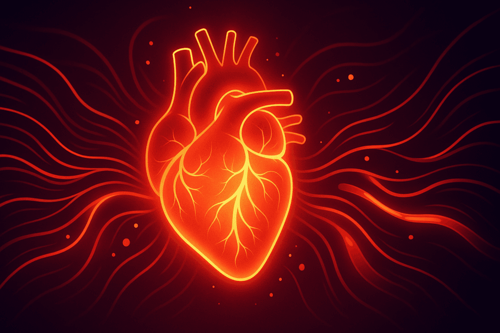 Title: New Strategies to Protect Your Aging Heart: How Endurance Training May Reduce Risk of Coronary Artery Disease with Age 3 Stylized glowing heart with symbolic blood flow lines, representing improved heart function and protection against coronary artery disease.