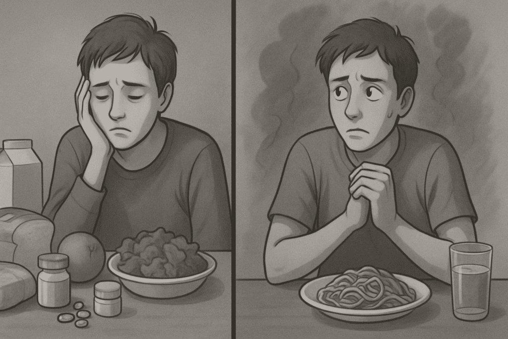 Overcoming Food Phobia: How to Navigate the Fear of Eating with Mindful Nutrition Strategies 2 Split scene illustrating the struggle of overcoming food phobia, with one person fatigued beside untouched food and another anxious at mealtime