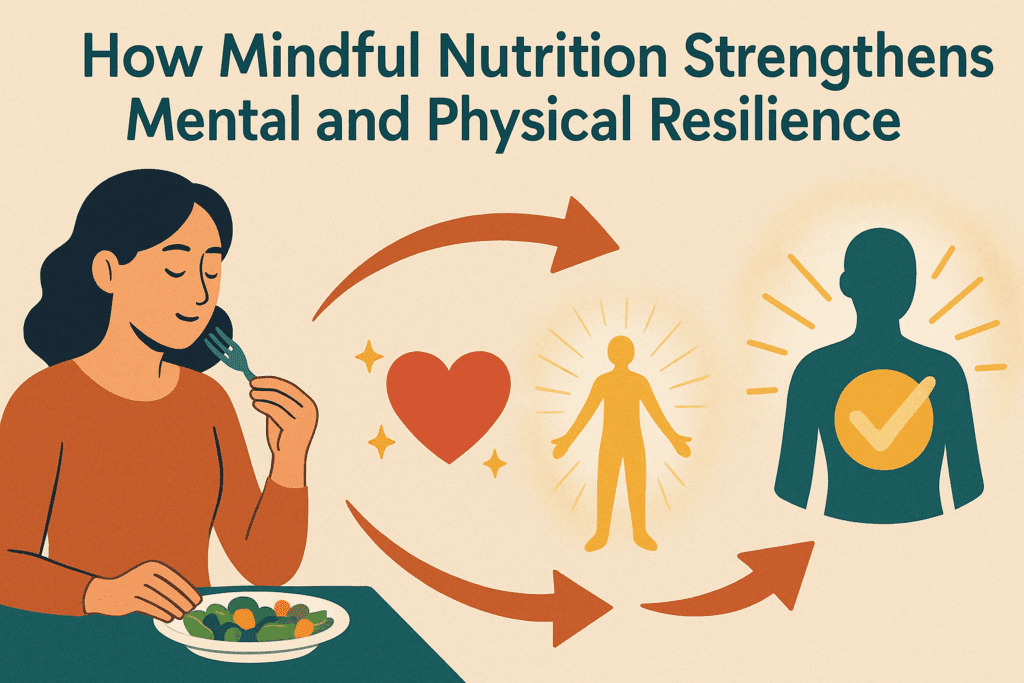 Overcoming Food Phobia: How to Navigate the Fear of Eating with Mindful Nutrition Strategies 6 Diagram showing a woman practicing mindful eating with symbolic visuals representing benefits like emotional health, energy, and body trust—used to illustrate concepts in Overcoming Food Phobia