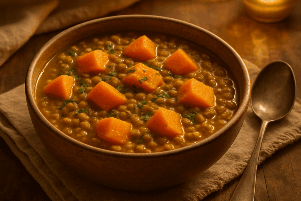 Simple and Nourishing Depression Meal List: Easy Recipes to Support Mental Wellness Through Nutrition 1 Lentil stew with sweet potatoes and turmeric in a rustic bowl, surrounded by warm lighting, representing a comforting and nourishing Depression Meal List option