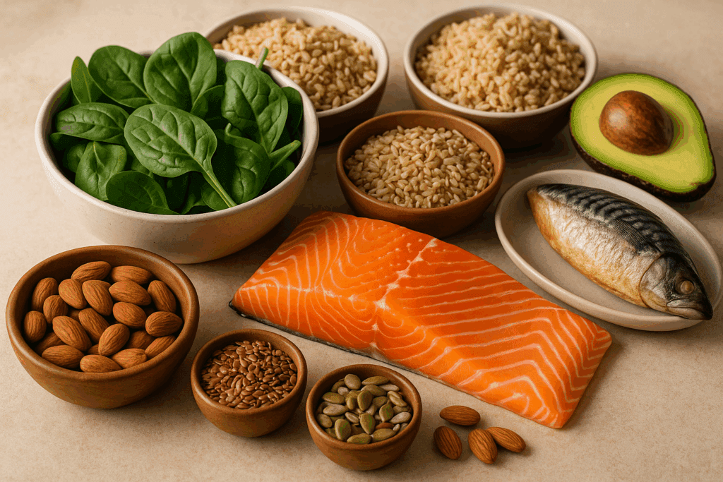 Simple and Nourishing Depression Meal List: Easy Recipes to Support Mental Wellness Through Nutrition 2 Depression Meal List featuring nutrient-rich foods including omega-3-rich salmon, magnesium-packed almonds, and folate-rich spinach, arranged on a countertop with whole grains, leafy greens, and healthy fats like avocado and flaxseeds