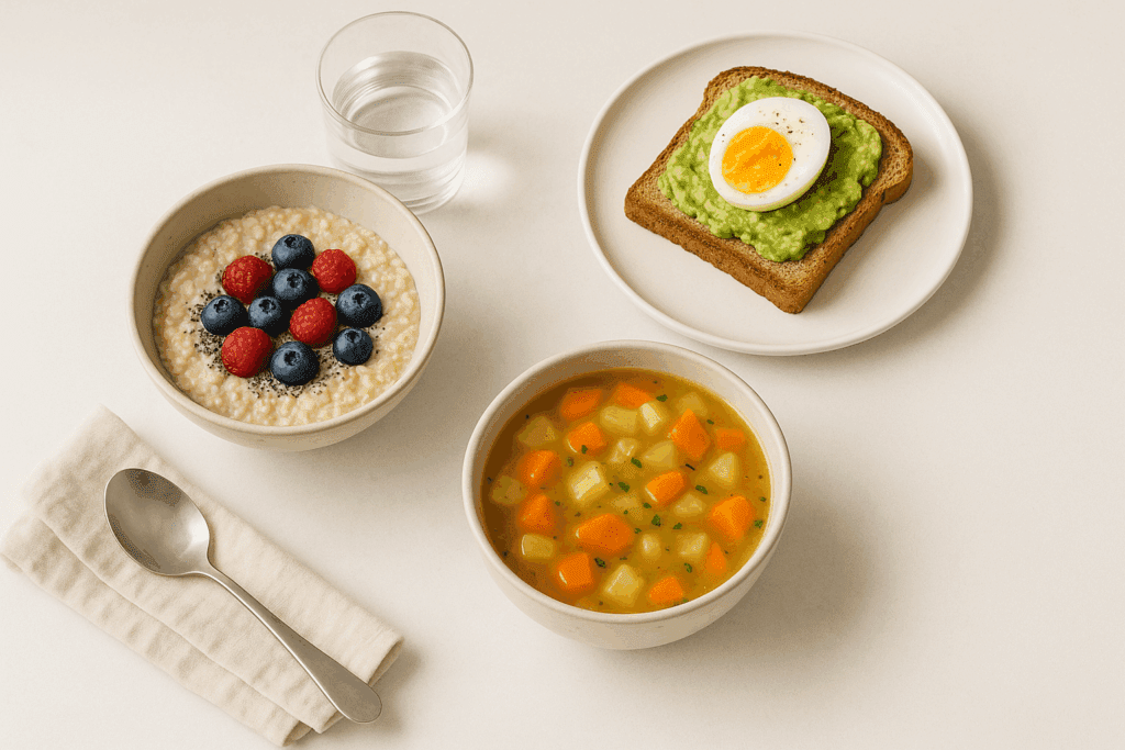 Simple and Nourishing Depression Meal List: Easy Recipes to Support Mental Wellness Through Nutrition 3 Healthy meal setup featuring oatmeal with berries and chia seeds, avocado toast with a soft-boiled egg, and vegetable soup, designed to complement a Depression Meal List for nutritious, calming meals