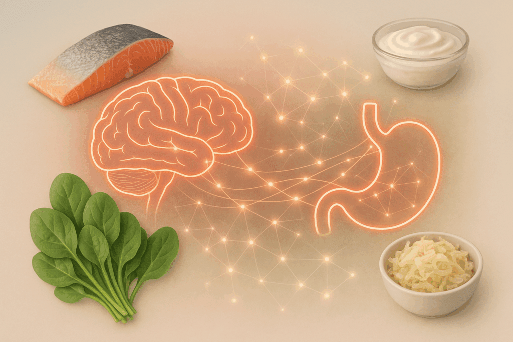 Simple and Nourishing Depression Meal List: Easy Recipes to Support Mental Wellness Through Nutrition 4 Abstract representation of the gut-brain connection with foods supporting brain and gut health, like salmon, spinach, yogurt, and sauerkraut, symbolizing a Depression Meal List for mental wellness