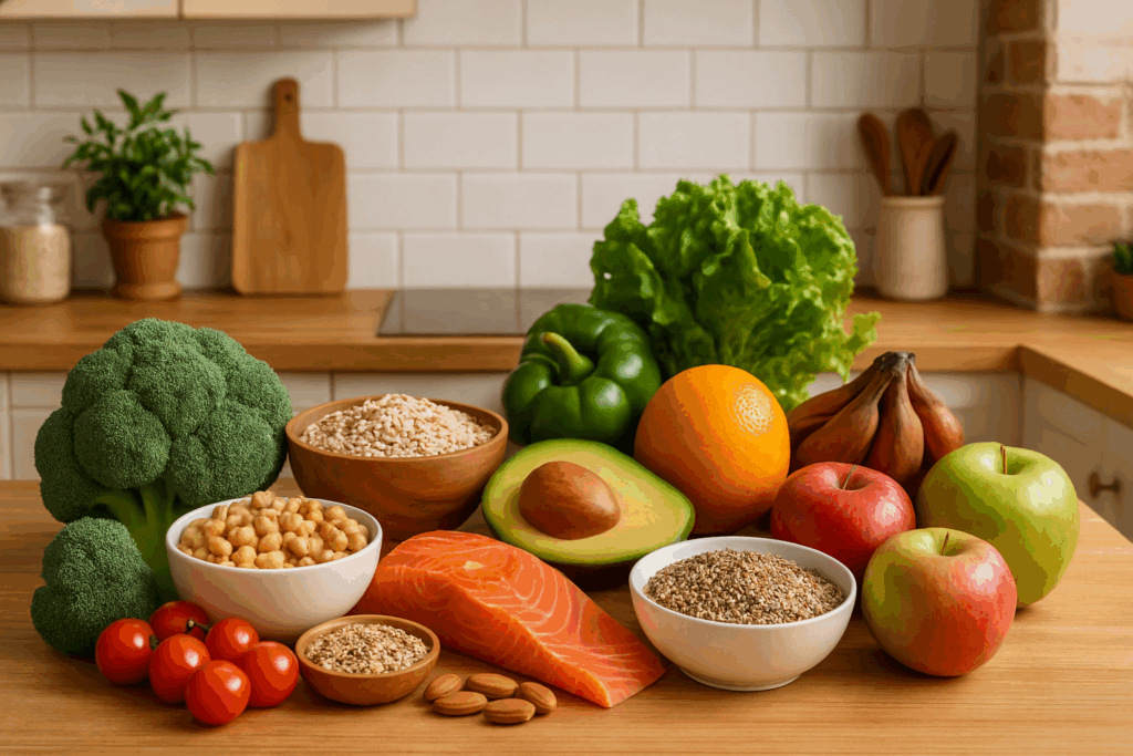 Simple and Nourishing Depression Meal List: Easy Recipes to Support Mental Wellness Through Nutrition 5 Fresh vegetables, fruits, whole grains, and healthy proteins arranged on a wooden countertop in a warm, inviting kitchen, promoting a Depression Meal List for balanced nutrition