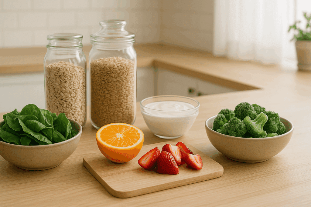 Smart Choices for Better Health: What to Know About Minimally Processed Foods vs Ultra-Processed Alternatives 1 Bright kitchen counter with minimally processed foods including fresh spinach, whole grains in jars, yogurt, strawberries, orange slices, and frozen broccoli.