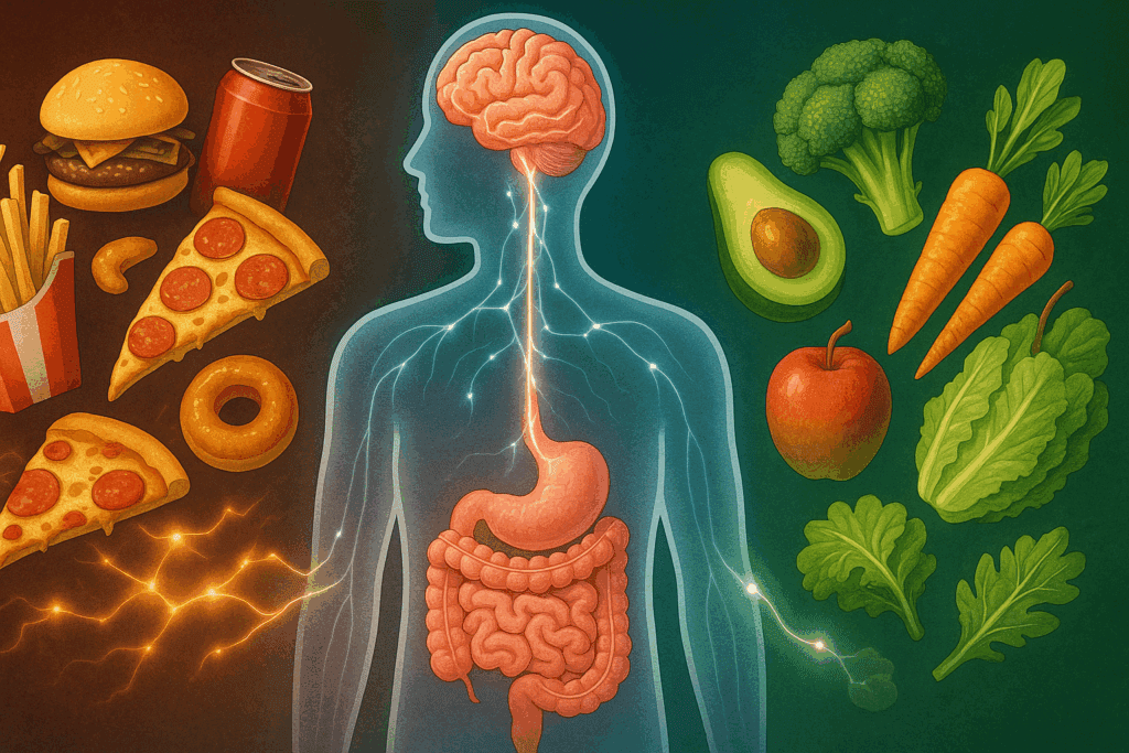 Smart Choices for Better Health: What to Know About Minimally Processed Foods vs Ultra-Processed Alternatives 6 Illustration of gut-brain axis showing neural pathways disrupted by junk food and supported by minimally processed foods like fruits and vegetables.