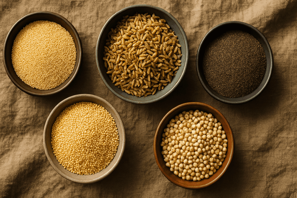 Smart Grain Choices for Better Health: What Type of Grains Should You Eat and Why Whole Grains Matter 4 Bowls of amaranth, freekeh, teff, millet, and sorghum on fabric, showcasing what type of grains should you eat for a diverse whole food diet