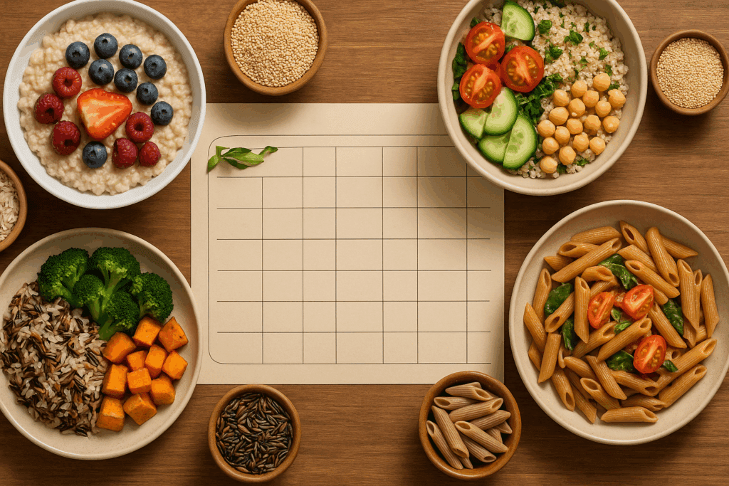 Smart Grain Choices for Better Health: What Type of Grains Should You Eat and Why Whole Grains Matter 5 Weekly meal planner with whole grain dishes like oatmeal, quinoa salad, and wild rice bowls, illustrating what type of grains should you eat.