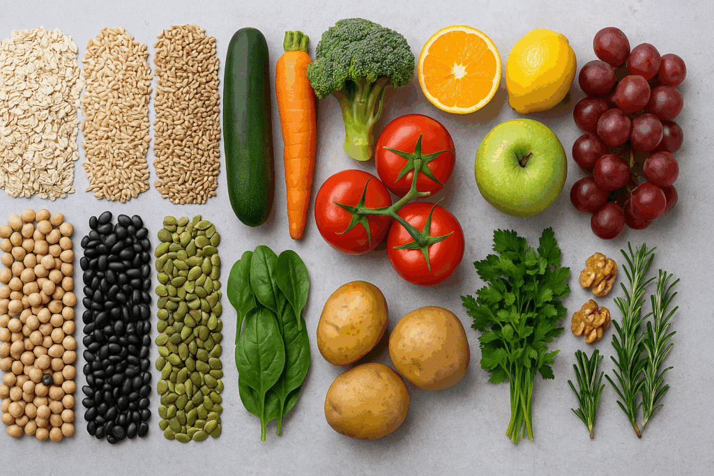 Smart Grocery Shopping for a Plant-Based Lifestyle: Your Complete Whole Food Plant Based Diet Grocery List Backed by Experts 2 Colorful assortment of grains, legumes, vegetables, fruits, nuts, and herbs organized by food group to illustrate a whole food plant based diet grocery list.
