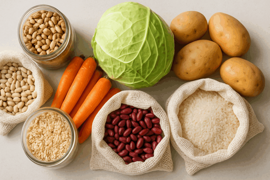 Smart Grocery Shopping for a Plant-Based Lifestyle: Your Complete Whole Food Plant Based Diet Grocery List Backed by Experts 5 Whole food plant based diet grocery list with carrots, cabbage, potatoes, dry beans, oats, and rice arranged on a kitchen counter in reusable bags