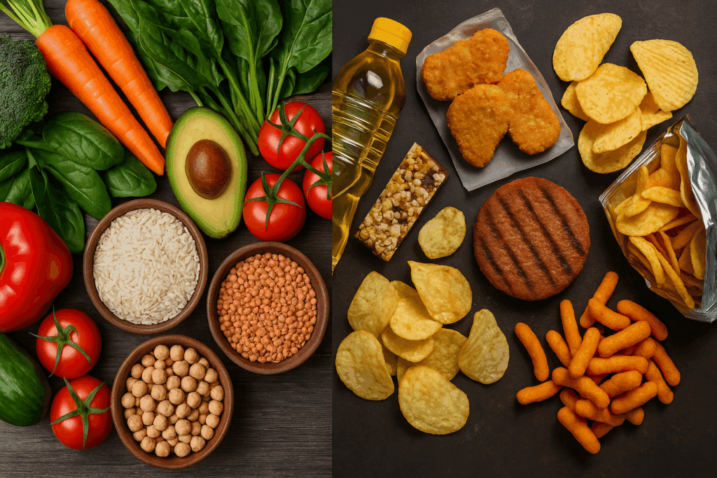 Smart Grocery Shopping for a Plant-Based Lifestyle: Your Complete Whole Food Plant Based Diet Grocery List Backed by Experts 6 Split-screen visual showing a whole food plant based diet grocery list with fresh vegetables and grains on one side, and processed vegan snacks on the other.