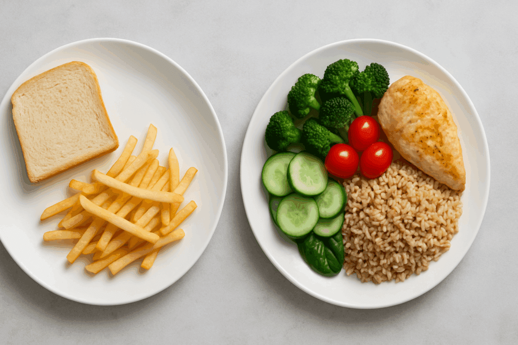 Smart, Healthy Dinner Ideas for Picky Eaters: Nutritious Meals Even Fussy Adults Will Love 2 Side-by-side comparison of two dinner plates, one with plain fries and white bread, the other with colorful vegetables, brown rice, and grilled chicken—highlighting healthy dinner ideas for picky eaters