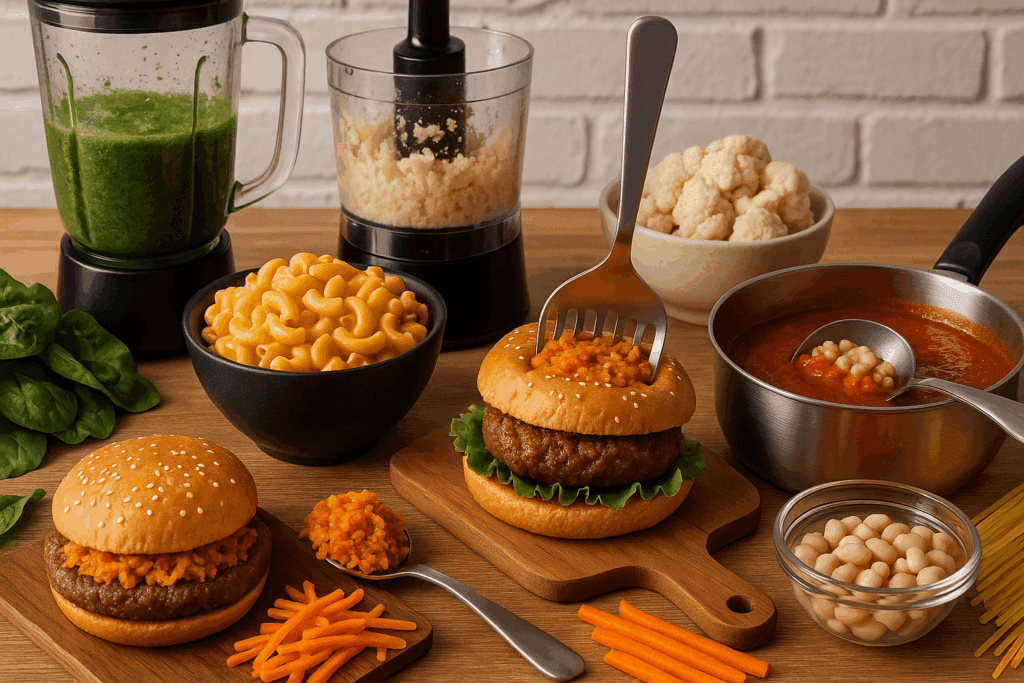 Smart, Healthy Dinner Ideas for Picky Eaters: Nutritious Meals Even Fussy Adults Will Love 3 Blended spinach, mashed cauliflower, and carrots being hidden in mac and cheese, burgers, and pasta sauce as healthy dinner ideas for picky eaters.
