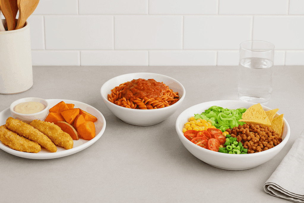Smart, Healthy Dinner Ideas for Picky Eaters: Nutritious Meals Even Fussy Adults Will Love 4 Flat lay of healthy dinner ideas for picky eaters, including baked chicken tenders with sweet potatoes, veggie marinara over lentil pasta, and a taco bowl with ground meat, corn, and tomatoes.