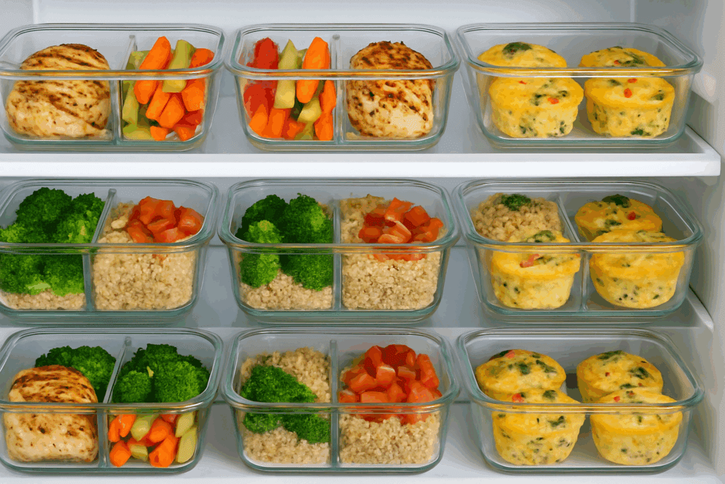 Smart, Healthy Dinner Ideas for Picky Eaters: Nutritious Meals Even Fussy Adults Will Love 5 Glass meal prep containers with grilled chicken, quinoa, vegetables, and egg muffins on a fridge shelf—perfect healthy dinner ideas for picky eaters.