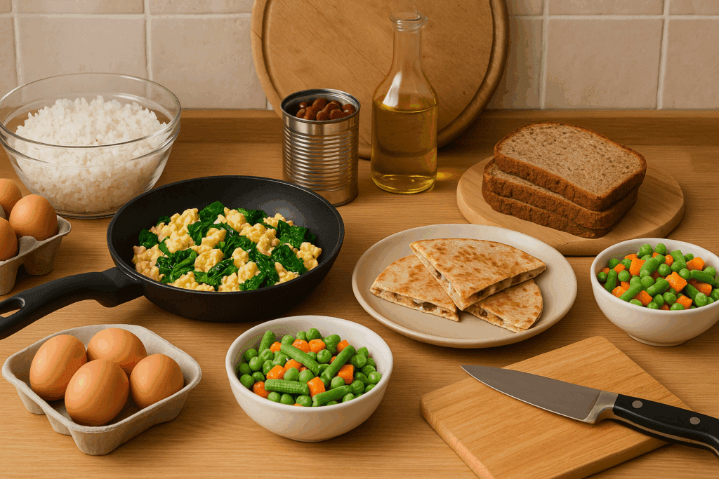 Smart, Healthy Dinner Ideas for Picky Eaters: Nutritious Meals Even Fussy Adults Will Love 6 Budget-friendly kitchen counter with rice, eggs, canned beans, frozen vegetables, and whole grain bread prepared into healthy dinner ideas for picky eaters.