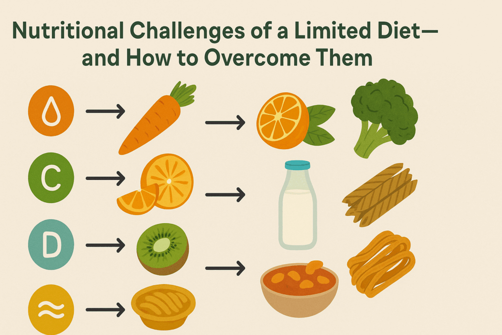 Smart, Healthy Dinner Ideas for Picky Eaters: Nutritious Meals Even Fussy Adults Will Love 7 Color-coded infographic showing vitamin and fiber deficiencies with food swaps like lentils, milk, and broccoli—ideal for healthy dinner ideas for picky eaters.