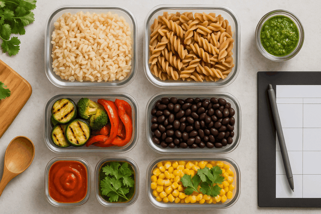Smart Nutrition Choices for a Healthier Lifestyle: What to Know About Whole Grain Rice and Whole Wheat Rice 5 Meal prep containers filled with whole grain rice, grilled vegetables, black beans, and toppings arranged around a planner and cutting board