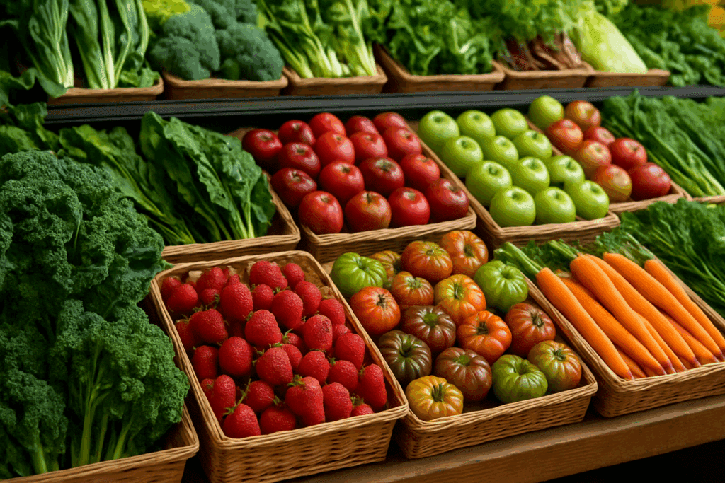 Smart Picks for a Healthier Lifestyle: The Best Things to Buy at Whole Foods Market, Backed by Nutrition Experts 2 Colorful display of organic kale, strawberries, heirloom tomatoes, apples, and carrots in wooden crates—showcasing the best things to buy at Whole Foods Market.