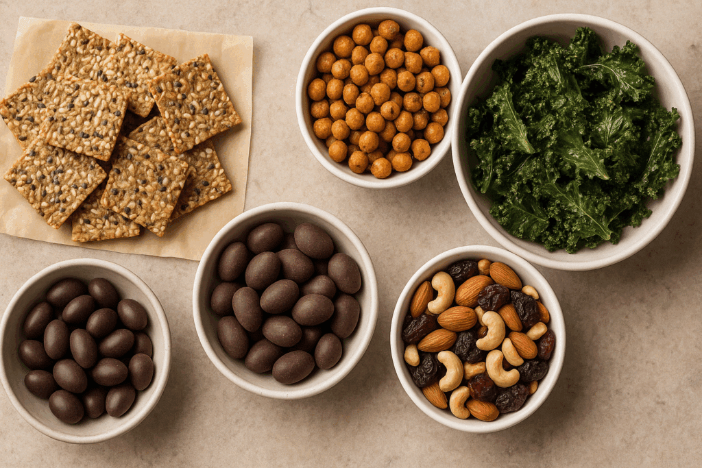 Smart Picks for a Healthier Lifestyle: The Best Things to Buy at Whole Foods Market, Backed by Nutrition Experts 5 Healthy snack options on a rustic table, showcasing the best things to buy at Whole Foods Market like kale chips, trail mix, and seed crackers.
