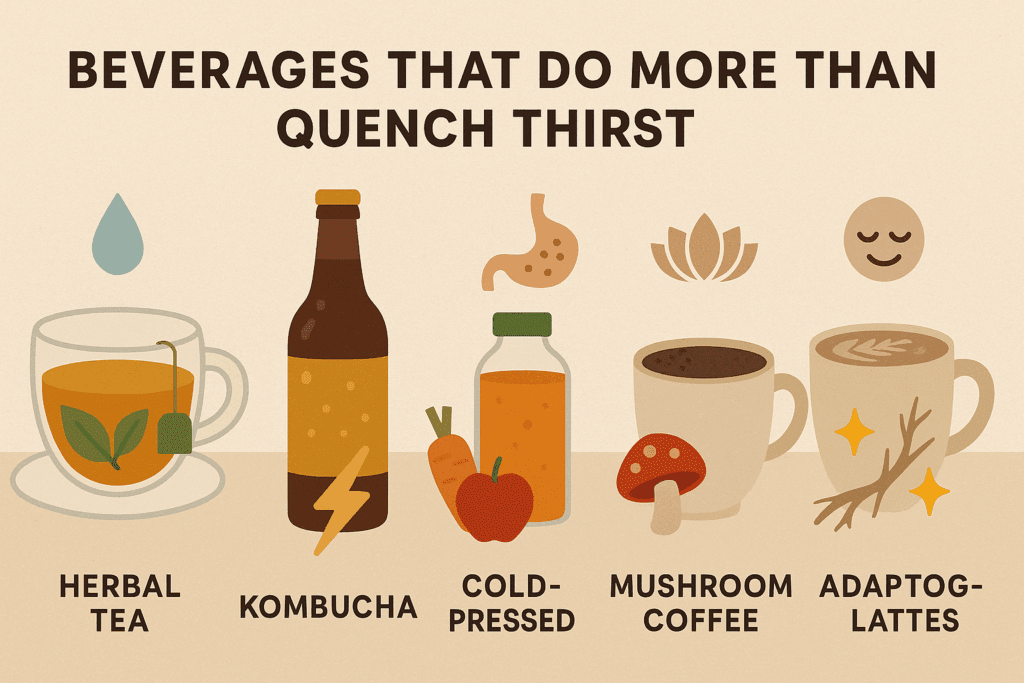 Smart Picks for a Healthier Lifestyle: The Best Things to Buy at Whole Foods Market, Backed by Nutrition Experts 6 Infographic showing five functional drinks—herbal tea, kombucha, cold-pressed juice, mushroom coffee, and adaptogenic lattes—each visually representing unique wellness benefits like hydration, gut health, calm, and energy, as part of the best things to buy at Whole Foods Market.