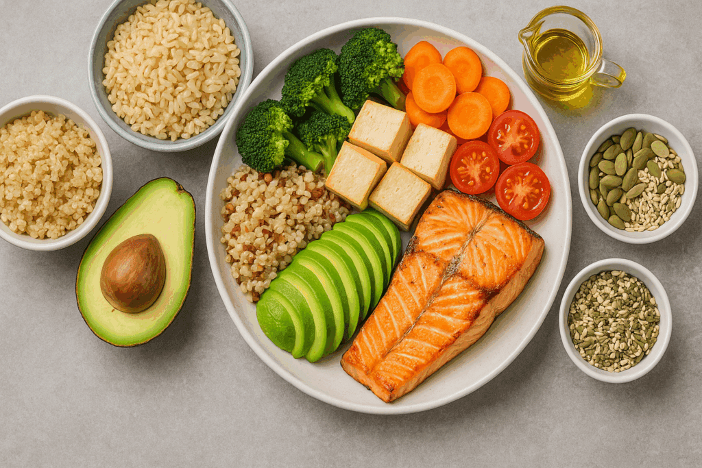 Smart Strategies for How to Stop Being Fat: A Nutrition-Focused Guide to Healthier, Sustainable Weight Loss 4 Balanced meal with grilled salmon, tofu, quinoa, avocado, and colorful vegetables showing how to stop being fat through nutritious eating